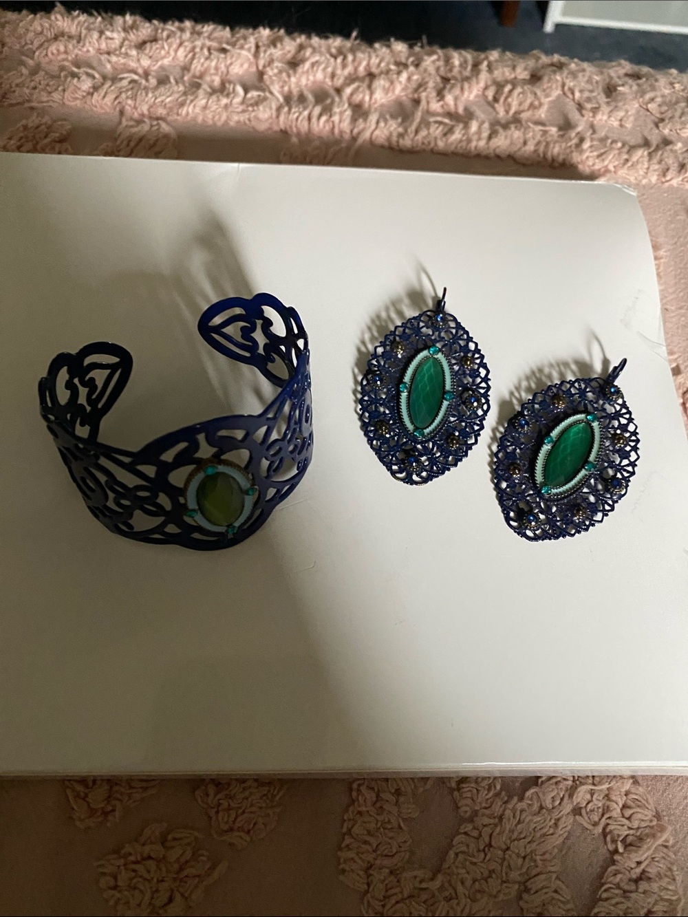 Blue Filigree Cuff Bracelet and Earrings Set with Green Stones